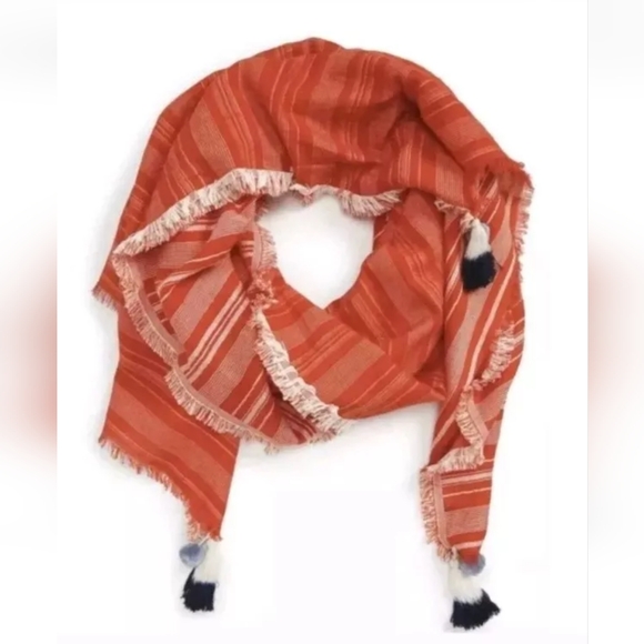 Madewell Fringed Pom Poms Sarong Scarf Beach Festival Blanket Coral Red New - Picture 3 of 8